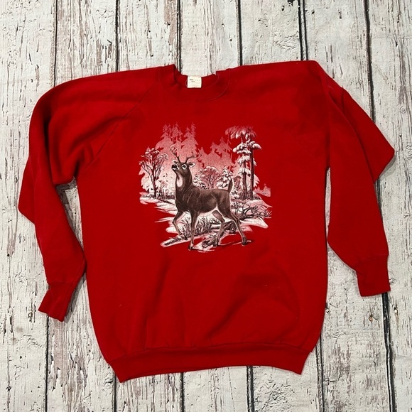 Vintage Deer Animal Print 1980s Red Crewneck Pullover Jumper Sweatshirt - Picture 1 of 4